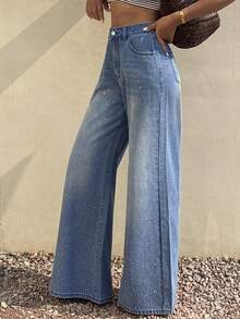 DAZY Pantalones vaqueros anchos y sueltos con lavado desgastado y brillante, pantalones casuales de verano para vacaciones para mujeres - Azul - Ver 6