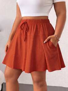 Elenzga Plus Size Casual Solid Color Mini Skirt Shorts - Redwood - View 1