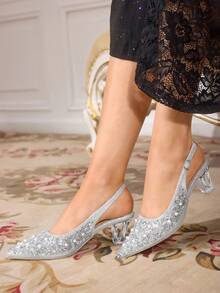 CUCCOO TILAWA Sepatu Hak Tinggi Wanita Modis & Elegan dengan Kristal Asimetris, Berkilau, Rhinestone, Ujung Lancip, Warna Perak, Cocok untuk Jamuan, Pesta, dan Acara Lainnya, Termasuk Hari Valentine. - Perak - View 5
