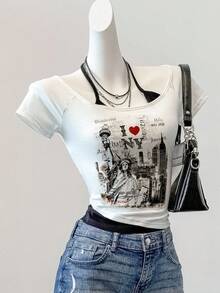 Attitoon Camiseta de manga corta casual y retro de mujer con bloques de color, adecuada para el verano - Multicolor - Ver 7