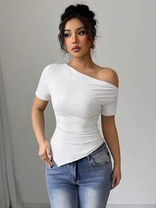 SHEIN Raffinéa 女士春夏不对称褶皱不对称下摆针织弹力修身T恤，休闲时尚弹力T恤 - 白色 - 查看 4
