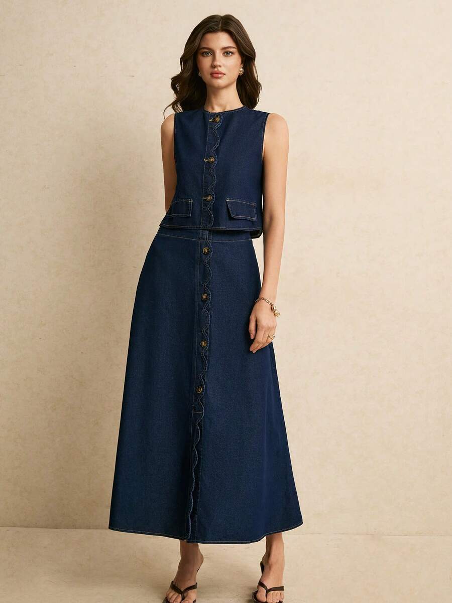 Poéselle Bộ áo vest và chân váy denim không tay cài cúc đơn dành cho nữ, thích hợp mặc hàng ngày đi làm, mùa xuân/hè. - Rửa trung bình - Xem 1