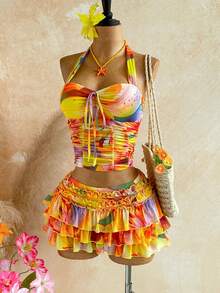 Soleia Women's Yellow Floral Print Elastic Mesh 2-Piece Vacation Outfit, Summer Boho Tropical Holiday Casual Beach Wedding Guest Graduation Attire - Multicolor - View 5