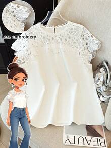 GlowEve CURVE Plus Size Women's Elegant White Summer Party Hollow Lace Patchwork Short Sleeve Blouse,Classy Solid Color Shirts For Casual And Commuting - Beige - View 1