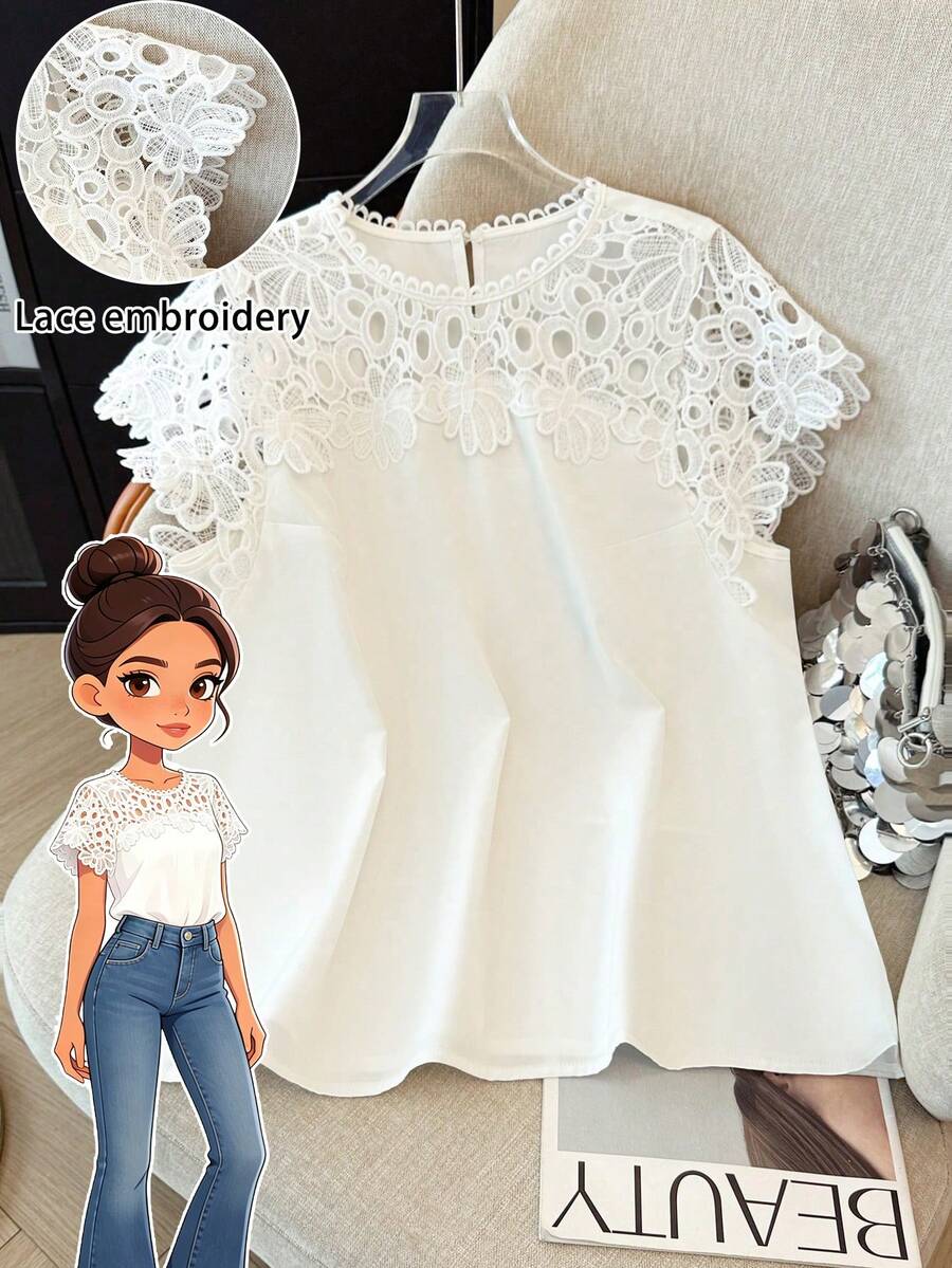 GlowEve CURVE Plus Size Women's Elegant White Summer Party Hollow Lace Patchwork Short Sleeve Blouse,Classy Solid Color Shirts For Casual And Commuting - Beige - View 1