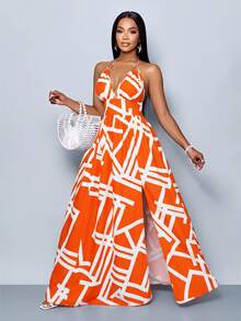 SOLERSUN Women Casual Holiday Deep V Neck Backless Ruched Split Thigh Maxi Dress With Botanical Print - Orange - View 5