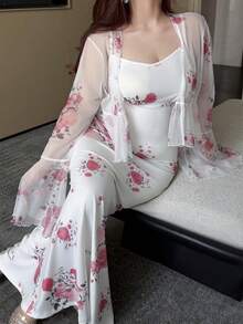 Vibekara Plus Size Women Floral Print Camisole Dress And Bell Sleeve Cardigan Casual Outfit - Pink - View 5
