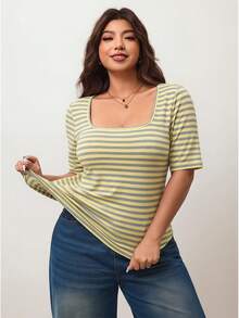Enliva Plus-Size Women's Striped Square Neck Short-Sleeved T-Shirt,High-Elasticity Slim-Fit Skin-Friendly Yellow Summer Smart Casual Everyday Rounded Figures - Multicolor - View 4