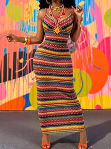 Glyssa Robe d'été femme sexy pour vacances, en tricot, à rayures colorées et col V sans manches - Multicolore - Voir 1