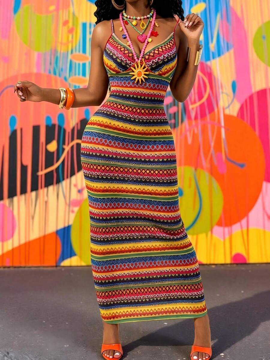 Glyssa Robe d'été femme sexy pour vacances, en tricot, à rayures colorées et col V sans manches - Multicolore - Voir 1