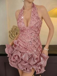 Poshira Women Summer Sequined Deep V-Neck Halter Neck Pearl Design Party Dress,Simple Ruffled Hem,Perfect  Birthday,Prom,Music Festival & Special Occasions - Pink - View 4