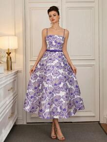 Poshira Đầm cocktail dây mảnh jacquard thanh lịch dành cho nữ - Màu Lilac Tím - Xem 5