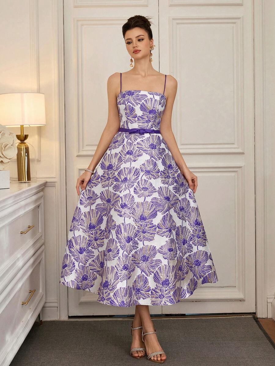 Poshira Women's Elegant Jacquard Spaghetti Strap Cocktail Dress - Lilac Purple - View 1