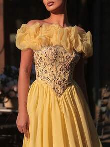 Glamrae Đầm maxi đuôi cá màu vàng ánh kim lấp lánh, chất liệu chiffon, thanh lịch, lãng mạn, thời trang và trang nhã, phù hợp cho các bữa tiệc trang trọng, đám cưới, tiệc độc thân, dạ hội. - Màu vàng - Xem 9