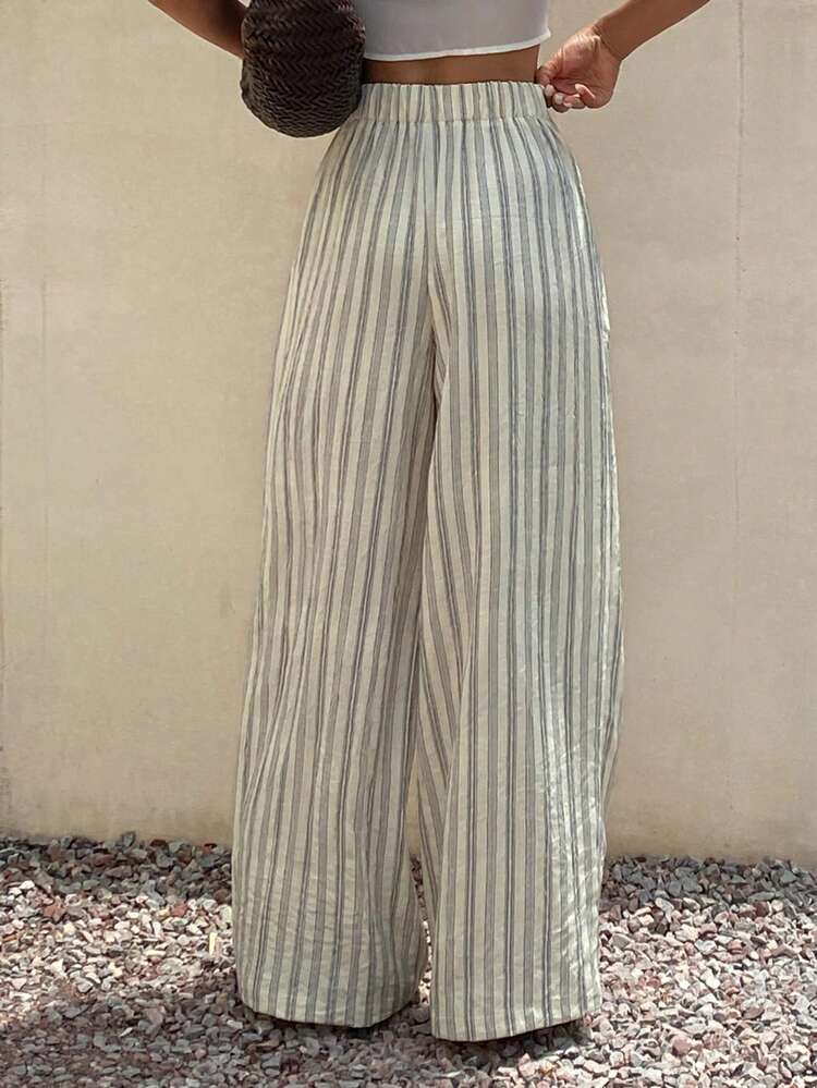 Striped Loose Wide-Leg Pants, Casual Vacation Summer Trousers For Women