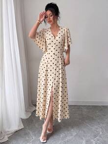 Elenzga Đầm midi dáng chữ A cổ chữ V, thắt eo, cài cúc ở gấu váy, xẻ tà, tay phồng, màu mơ chủ đạo phối chấm bi lớn màu nâu cà phê lãng mạn, phong cách Pháp thanh lịch cổ điển, trang trọng, công sở, đi làm, đi biển, nghỉ lễ, phong cách miền Tây, tối giản, đa năng, thời trang dự tiệc trà chiều, thoải mái, phong cách Boho mùa xuân/hè. - Màu be - Xem 4