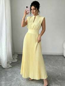 Modelyn Đầm midi nữ màu vàng nhạt dệt kim, không tay, cổ chữ V, xếp ly, thanh lịch, thích hợp đi làm. - Màu vàng - Xem 4
