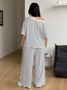 Coolane Women's Plus Size Summer Streetwear Basic Daily Wear Going Out Comfy White Stripes Off Shoulder T-Shirt And Wide Leg Sweatpants Two Pieces Outfits - Black and White - View 5