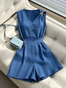 Elenzga Bộ jumpsuit màu xanh nhạt cổ chữ V, thắt eo, ống rộng, không tay, hàng mới về mùa hè. - Màu xanh bụi bặm - Xem 2