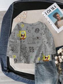 SpongeBob SquarePants | SHEIN Áo thun nữ cổ tròn in họa tiết toàn thân, kiểu dáng thường ngày. - trắng - Xem 2