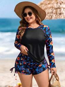 Swim Lushoire Conjunto de 2 piezas para mujer talla grande 2026, estampado de hojas fucsia aleatorio, shorts informales sueltos de cintura alta con cordón y traje de baño de manga larga y cuello redondo - Negro - Ver 3