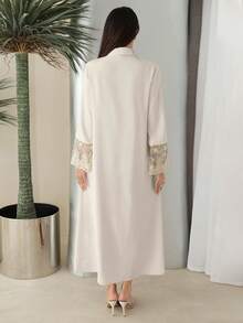 Al Najma Women's Floral Embroidered Mesh Patchwork Arabic Style Dress - Apricot - View 2