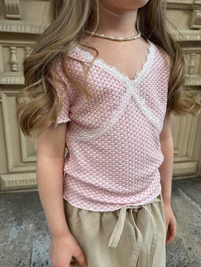 DAZY V-Neck Fitted Cropped Top With Frill Trim, Cute Girls (Small) T-Shirt