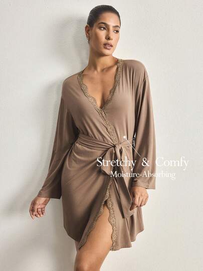 Ocili Minimalist Comfortable Unisex Lace Robe, Easy Care Women Sleepwear Bathrobe