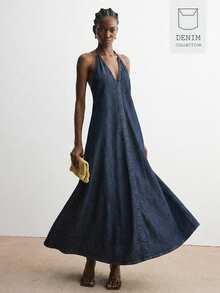 ATUI Studio Women's Sexy Backless Halter Neck Loose Denim Dress, Suitable For Summer Vacation - Navy Blue - View 1