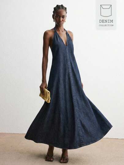 ATUI Studio Đầm denim dáng rộng hở lưng, cổ yếm gợi cảm dành cho nữ, thích hợp cho kỳ nghỉ hè.