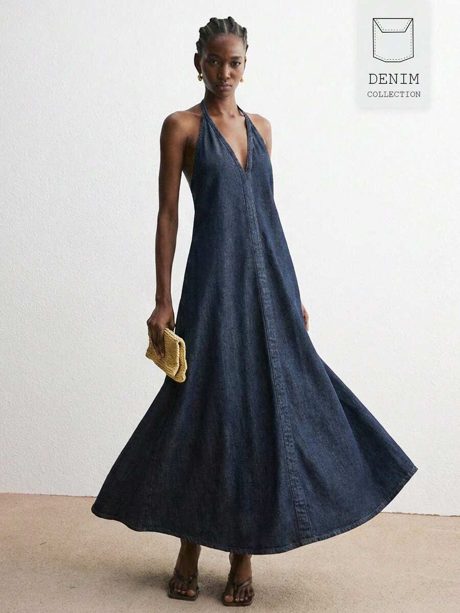 ATUI Studio Women's Sexy Backless Halter Neck Loose Denim Dress, Suitable For Summer Vacation - Navy Blue - View 1