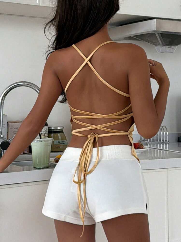 Sexy Satin Backless Camisole Top With Padding, Summer Sleepwear For Women