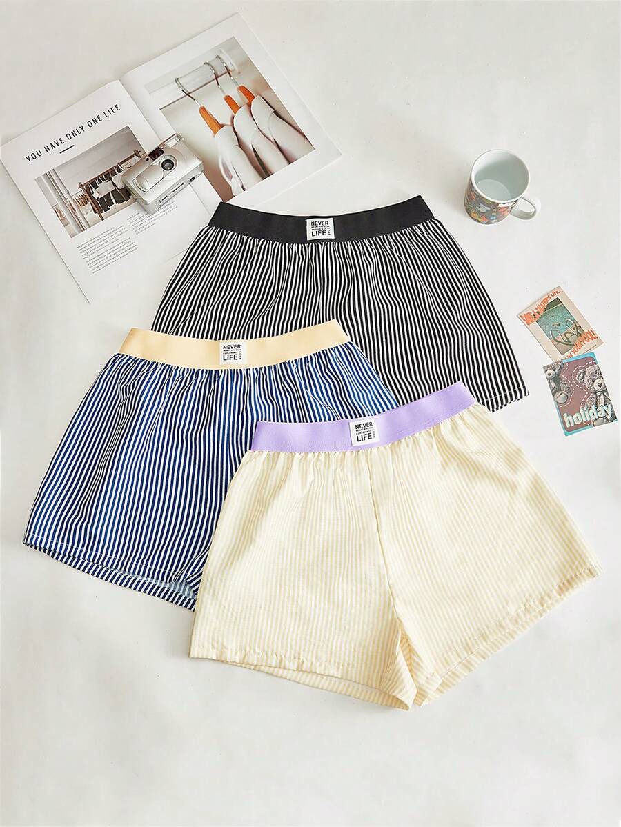 Lowkey Lull Bộ 3 quần short chiffon kẻ sọc phối màu tương phản, thoải mái, thích hợp mặc nhà cho nữ. - Nhiều màu - Xem 1