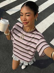 Muchica Women's Striped Round Neck Drop Shoulder Casual Versatile T-Shirt,Summer Top - Pink - View 5