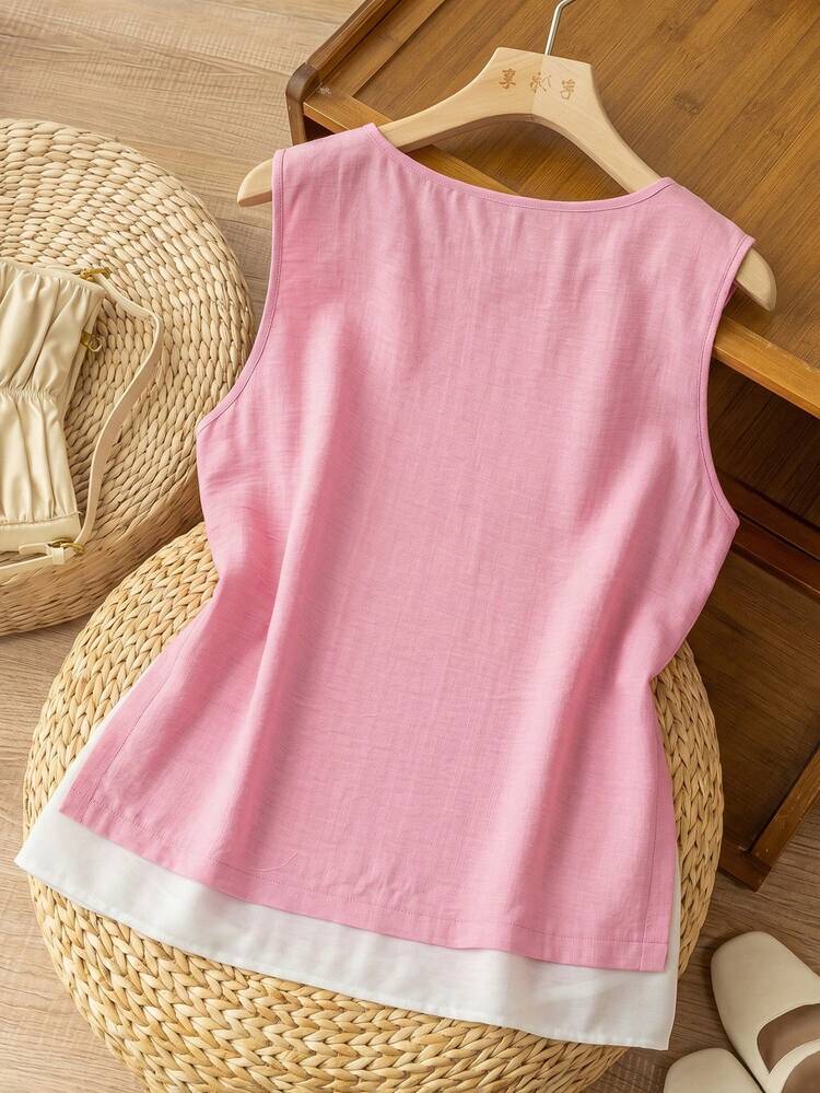 Plus Size Women Colorblock Round Neck Casual Versatile Daily Wear Top Beach Outfit For Women Summer Outfits For Women Casual Blouses For Women