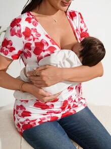 SHEIN 印花扭结侧边孕妇哺乳上衣 - 紅色 - 查看 5