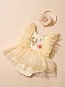 SHEIN 新生兒花卉刺繡連身衣附髮帶，攝影造型服裝與道具，秋季款 - 彩色 - 查看 2