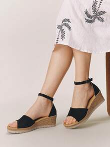 Styleloop Giày sandal đế xuồng kiểu La Mã cho nữ, kiểu dáng chéo, cao gót, hở mũi, có khóa cài, chất liệu rơm, thích hợp cho mùa xuân, hè, mẫu mới, mang đến không khí nghỉ dưỡng, trang phục mùa hè, món đồ không thể thiếu khi đi du lịch. - Đen nâu nhạt - Xem 4