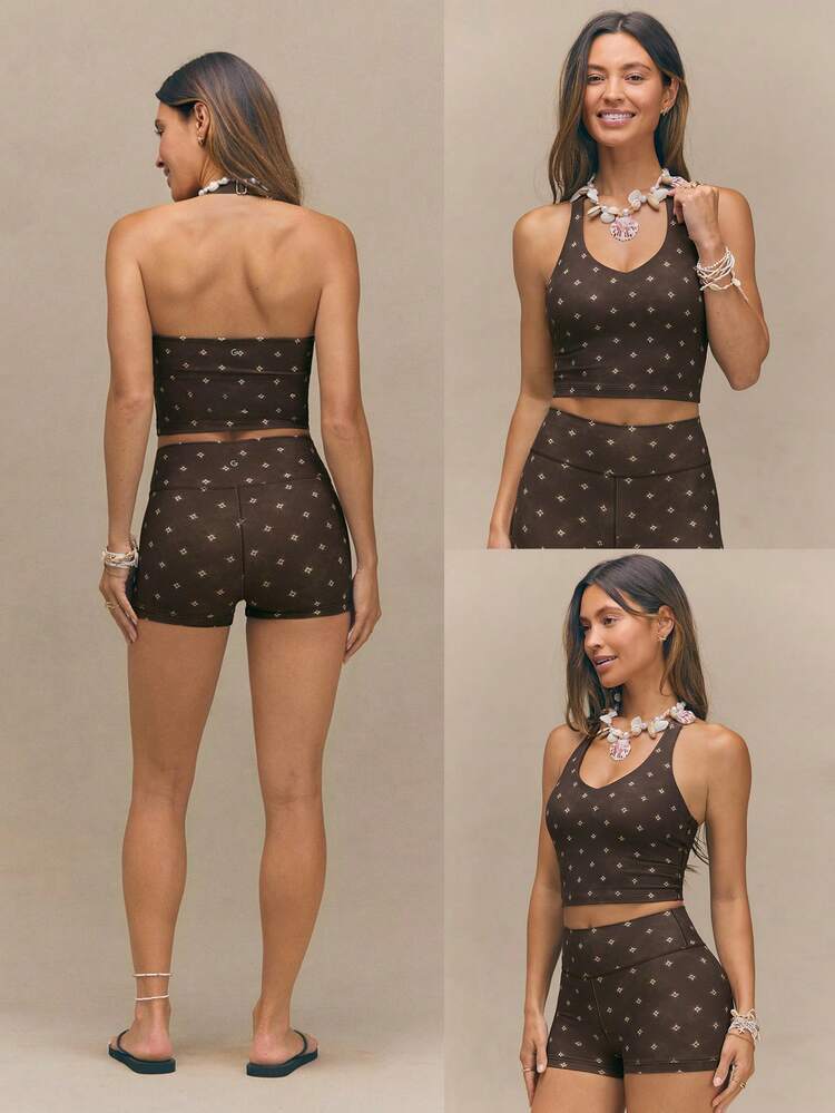 FeatherFit™ Double Time Adjustable Halter Sports Bra Tank Top Light Support Low Impact Yoga Pilates Daily Spring Summer