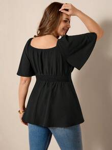 SHEIN LUNE Off-Shoulder Square Neck Flowy Hem Plus Size Blouse - Black - View 3