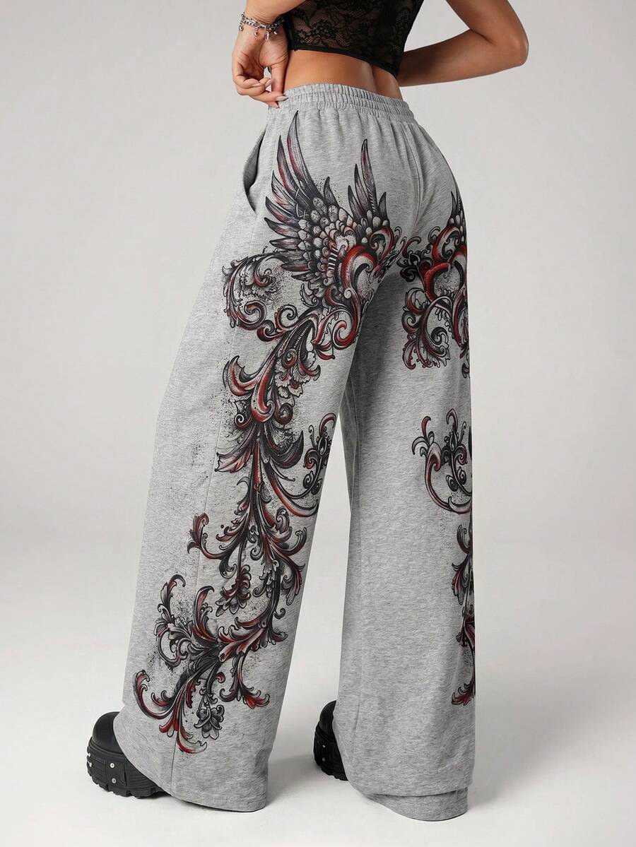 SHEIN ICON Y2K 女式外出哥特音乐会俱乐部印花花卉图案松紧腰带口袋阔腿宽松休闲裤 - 灰色 - 查看 1