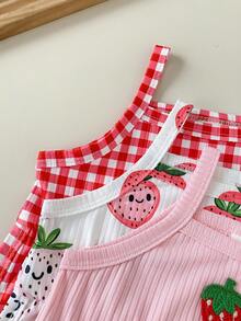 SHEIN Playful Pals 3pcs/Pack Baby Girls' Summer Cute Pink Rompers,Soft Comfortable Hibiscus Floral Strap Round Neck Casual Tropical Versatile Vacation Beach Rompers - Multicolor - View 5