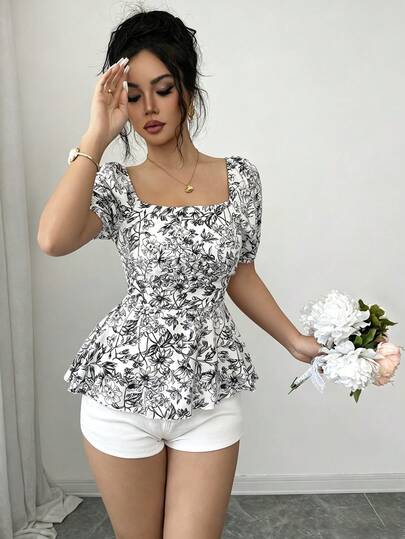 Elenzga Áo sơ mi nữ cổ vuông in họa tiết toàn thân, thời trang, đa năng, thích hợp cho hẹn hò hoặc du lịch.