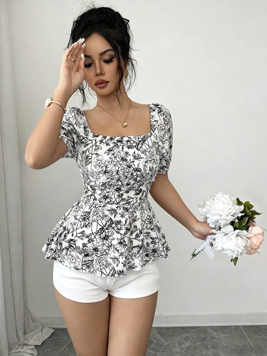 Elenzga Áo sơ mi nữ cổ vuông in họa tiết toàn thân, thời trang, đa năng, thích hợp cho hẹn hò hoặc du lịch. - Đen và trắng - Xem 1