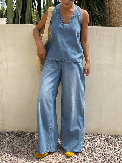 DAZY Conjunto de top halter de mezclilla casual y pantalones de pierna ancha para uso diario de mujer