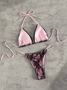 Swim SXY Bộ bikini hai mảnh gợi cảm với chất liệu ren phối màu tương phản, đính hạt cườm, kiểu cổ yếm hở lưng và quần bơi xếp ly, thích hợp cho kỳ nghỉ xuân, tựu trường, lễ hội âm nhạc, kỳ nghỉ lễ, kỳ nghỉ biển. - Nhiều màu - Xem 6