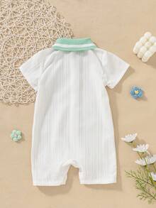 SHEIN Vintaside Kids Bộ áo liền quần tay ngắn kẻ caro hình gấu dễ thương cho bé trai, quần áo mùa hè cho trẻ sơ sinh. - Nhiều màu - Xem 2