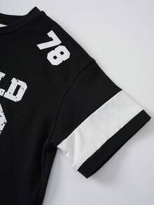 GARFIELD | SHEIN Young Boy Summer Casual Letter & Cat Print Round Neck Short Sleeve T-Shirt - Black - View 5