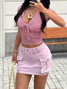 SHEIN PETITE 女款甜美時尚工裝口袋鈕扣牛仔迷你裙，適合嬌小女性 - 淡紫色 - 查看 4