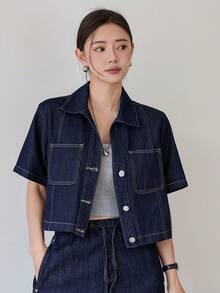 DAZY Women's Natural Color Loose Short Denim Jacket With Large Pockets, Suitable For Spring And Summer - Blue - View 3
